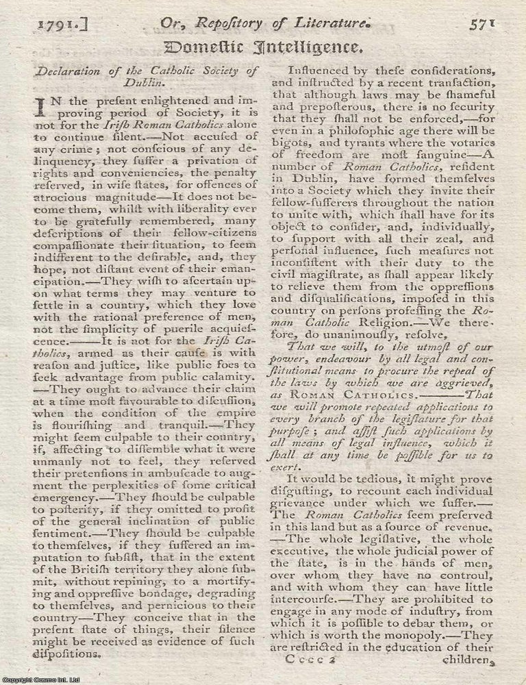Item #361850 Declaration of the Catholic Society of Dublin, by Theobald McKenna, Secretary. 1791....