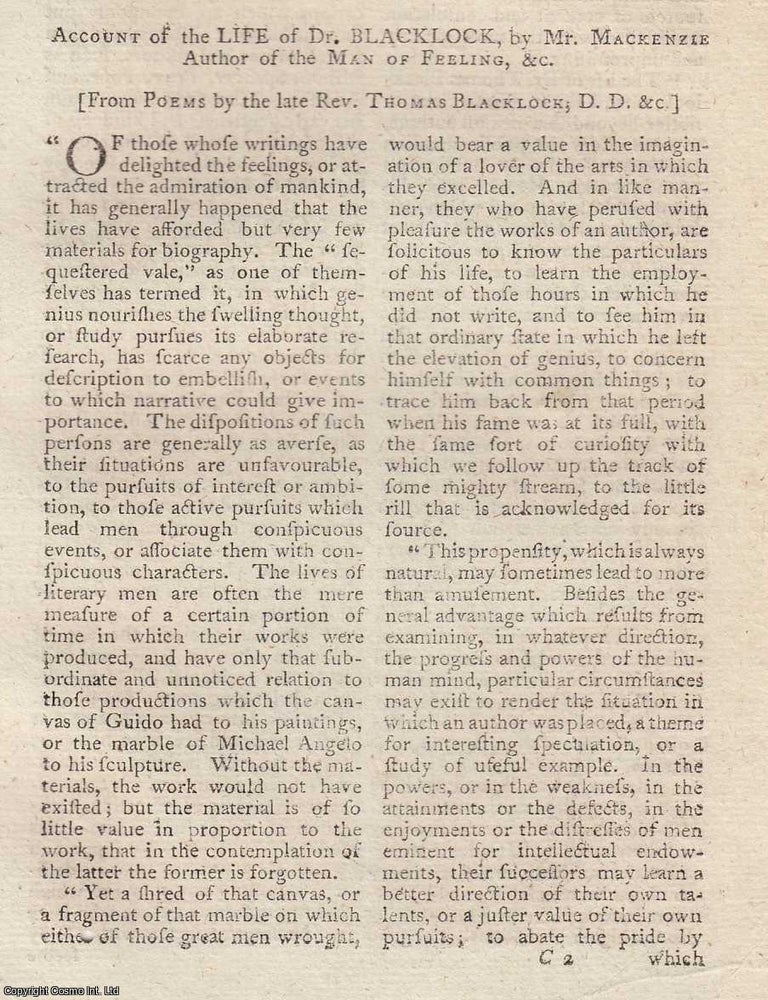 Item #361992 Account of the Life of Dr. Blacklock, by Mr. Mackenzie. An original article from The...