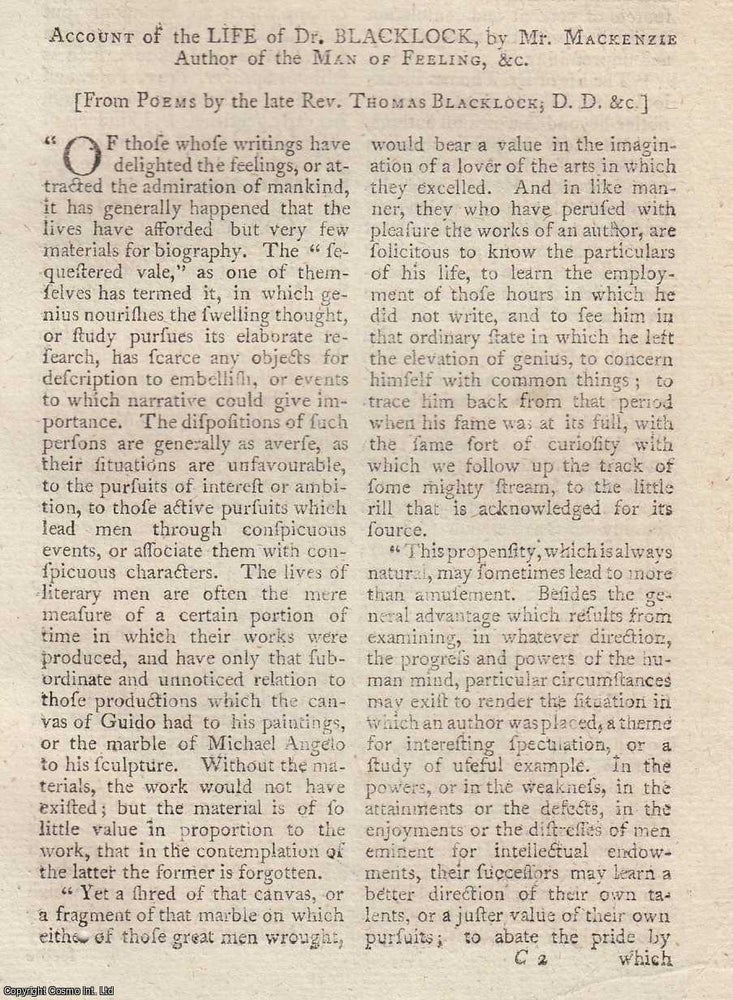 Item #361992 Account of the Life of Dr. Blacklock, by Mr. Mackenzie. An original article from The...