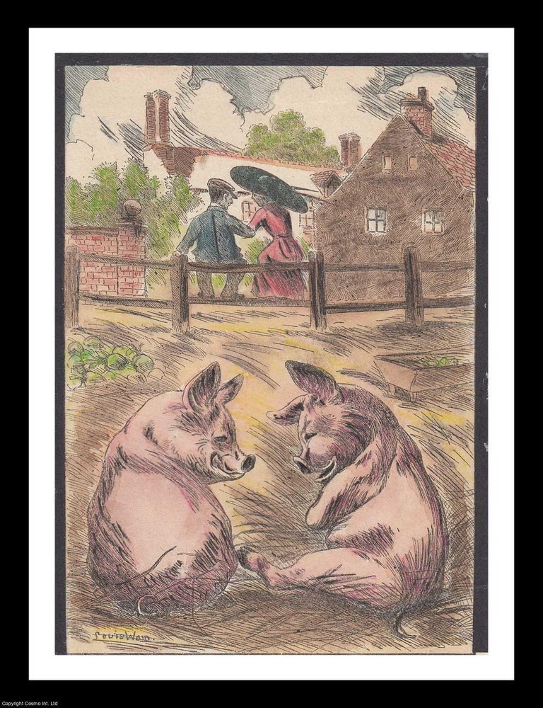 Item #362021 Louis Wain: two pigs & two people - undated, but likely 1920s. Later and basic hand...
