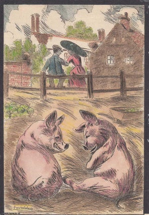 Item #362021 Louis Wain: two pigs & two people - undated, but likely 1920s. Later and basic hand...