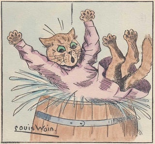 Item #362023 Louis Wain: a cat splashing in a barrel - undated, but likely 1920s. Later and basic...