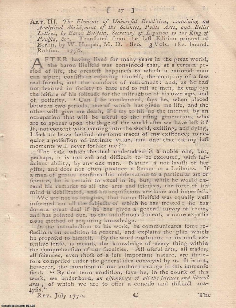 Item #362271 The Elements of Universal Erudition, containing an Analytical Abridgment of The...