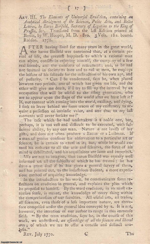 Item #362271 The Elements of Universal Erudition, containing an Analytical Abridgment of The...