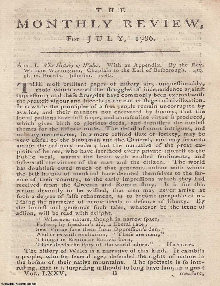 Item #362294 The History of Wales. With an Appendix. By The Rev. William Warrington. 1786. A...