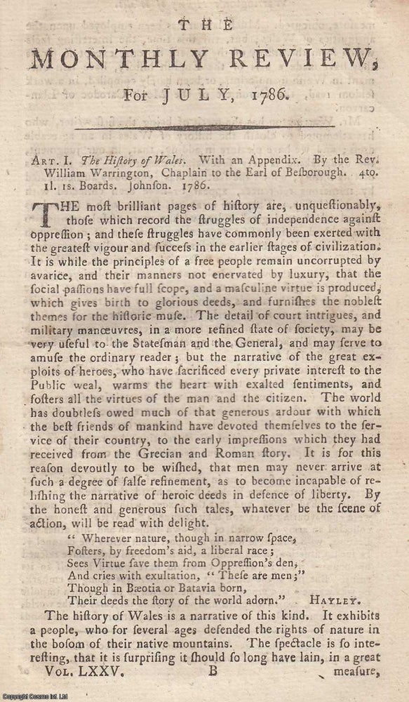 Item #362294 The History of Wales. With an Appendix. By The Rev. William Warrington. 1786. A...