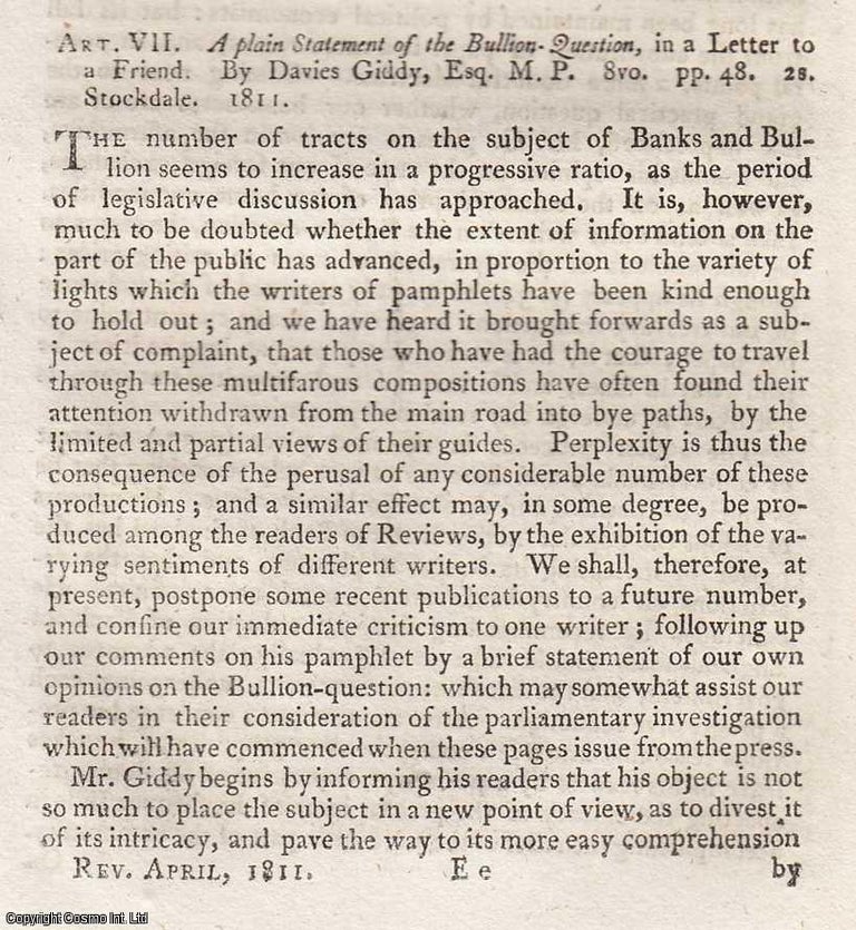 Item #362335 A Plain Statement of The Bullion Question, in a Letter to a Friend. By Davies Giddy....