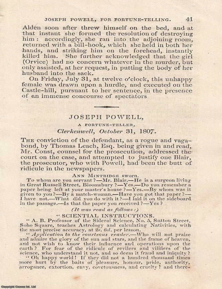 Item #362481 A Fortune Teller Before the Bench: The Trial of Joseph Powell, Clerkenwell, October...