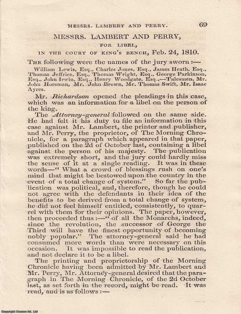 Item #362483 A Newspaper Libel Dispute: The Trial of Messrs Lambert and Perry in the Court of...