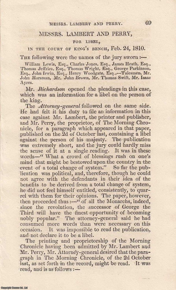 Item #362483 A Newspaper Libel Dispute: The Trial of Messrs Lambert and Perry in the Court of...