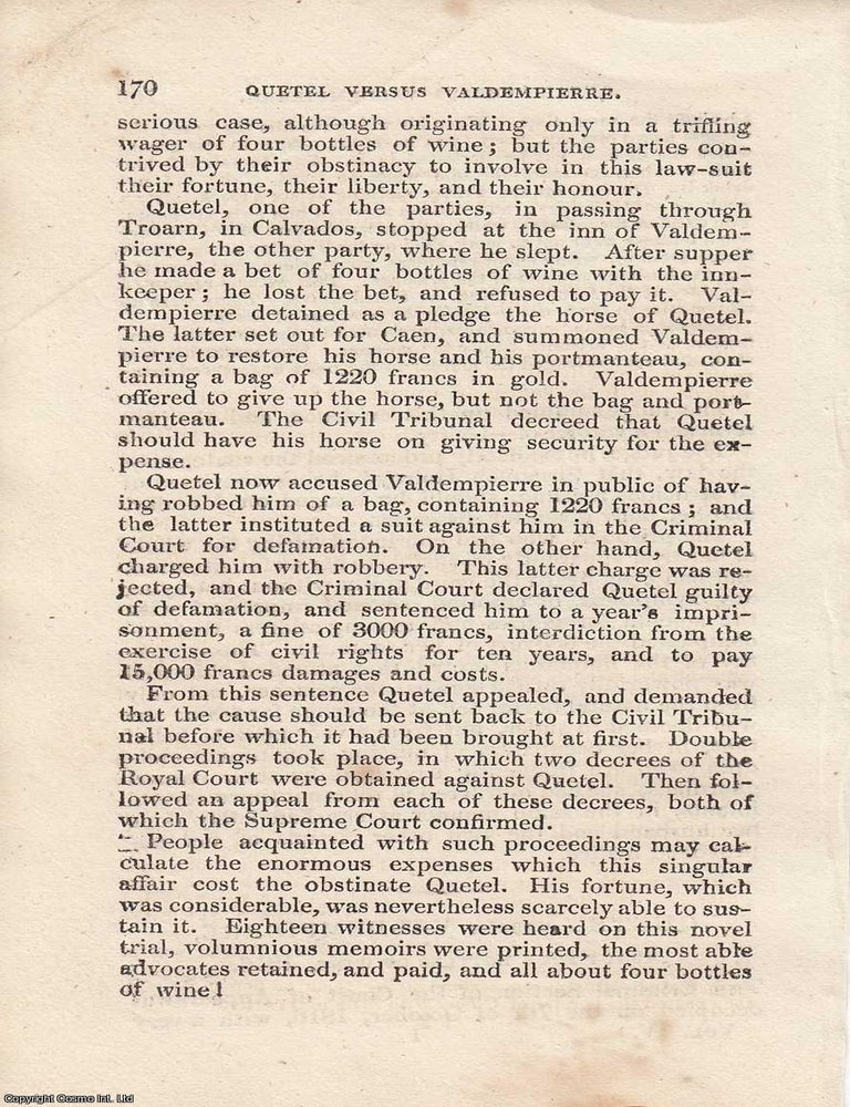 Item #362490 A Dispute Over Four Bottles: The Trial of Quetel versus Valdempierre, 1816. An...