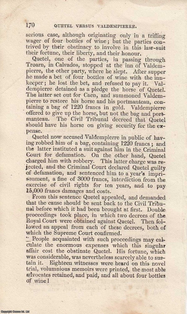 Item #362490 A Dispute Over Four Bottles: The Trial of Quetel versus Valdempierre, 1816. An...