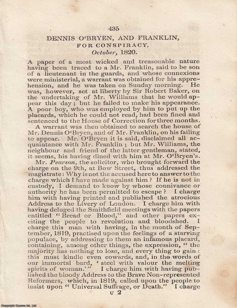 Item #362504 A Political Alliance Challenged: The Trial of Dennis O'Bryen and Franklin for...