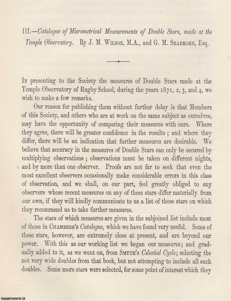 Item #362529 Micrometrical Measurements of Double Stars at the Temple Observatory: A Catalogue by...