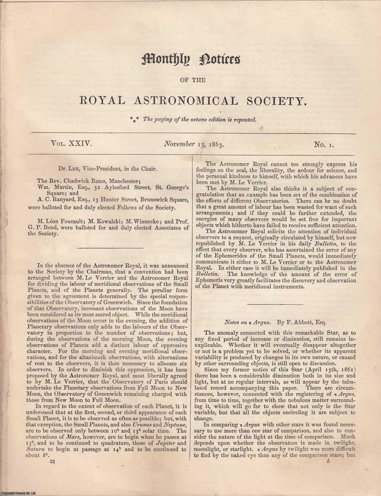 Item #362535 Vol XXIV. Monthly Notices of the Royal Astronomical Society, 1863. Royal Astronomical Society.