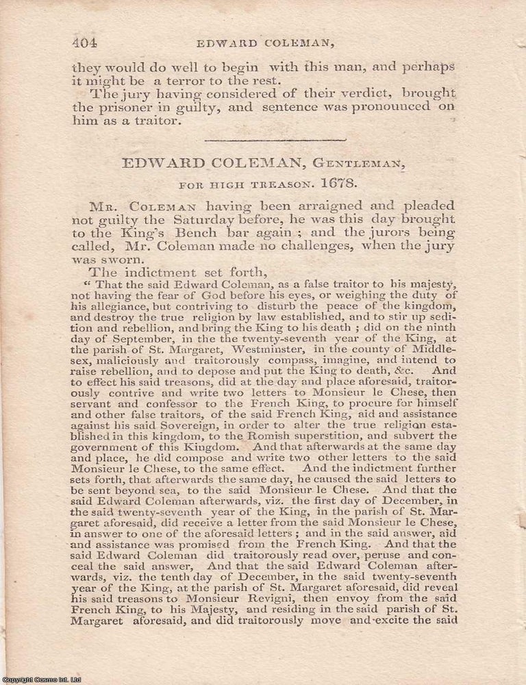 Item #362614 A Plot in the Popish Plot: The Trial of Edward Coleman for High Treason, 1678. An...
