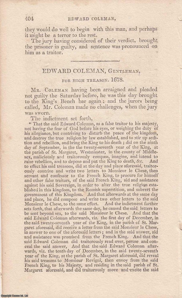 Item #362614 A Plot in the Popish Plot: The Trial of Edward Coleman for High Treason, 1678. An...