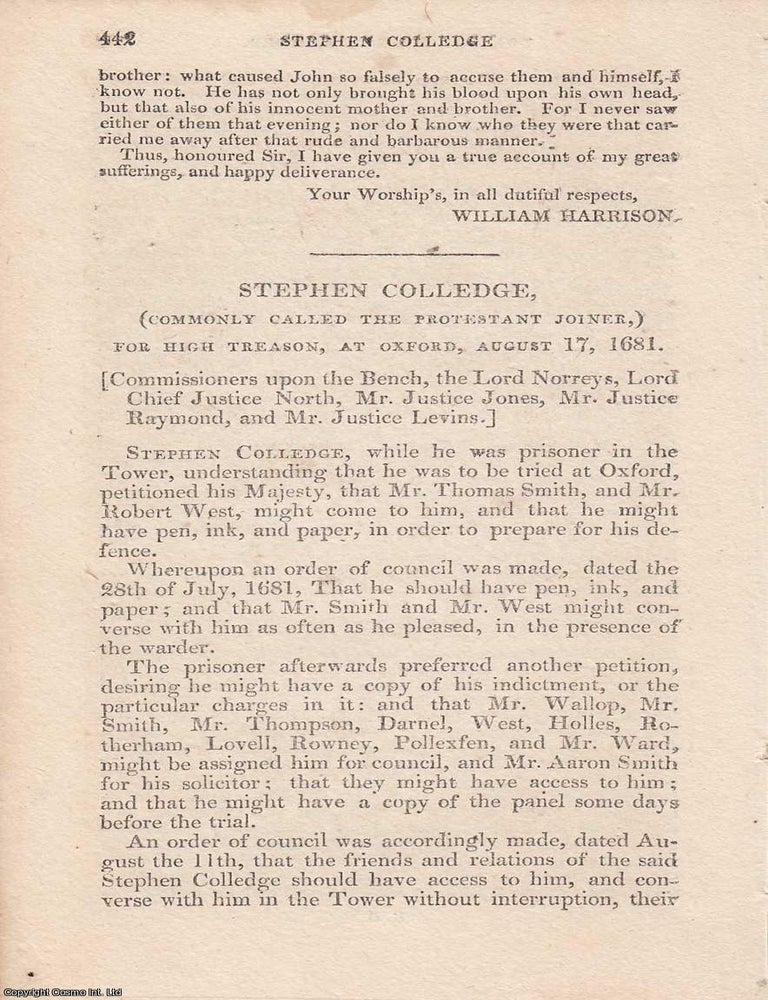 Item #362615 The Protestant Joiner on Trial: Stephen Colledge Accused of High Treason, Oxford, 17...