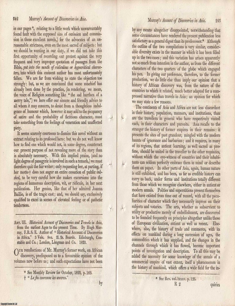 Item #362643 Review: Hugh Murray's Historical Account of Discoveries and Travels in Asia. An article printed in 1821, written by an Unnamed Author for the Monthly Review : 12 pages. HUGH MURRAY'S DISCOVERIES AND TRAVELS IN ASIA 1821.