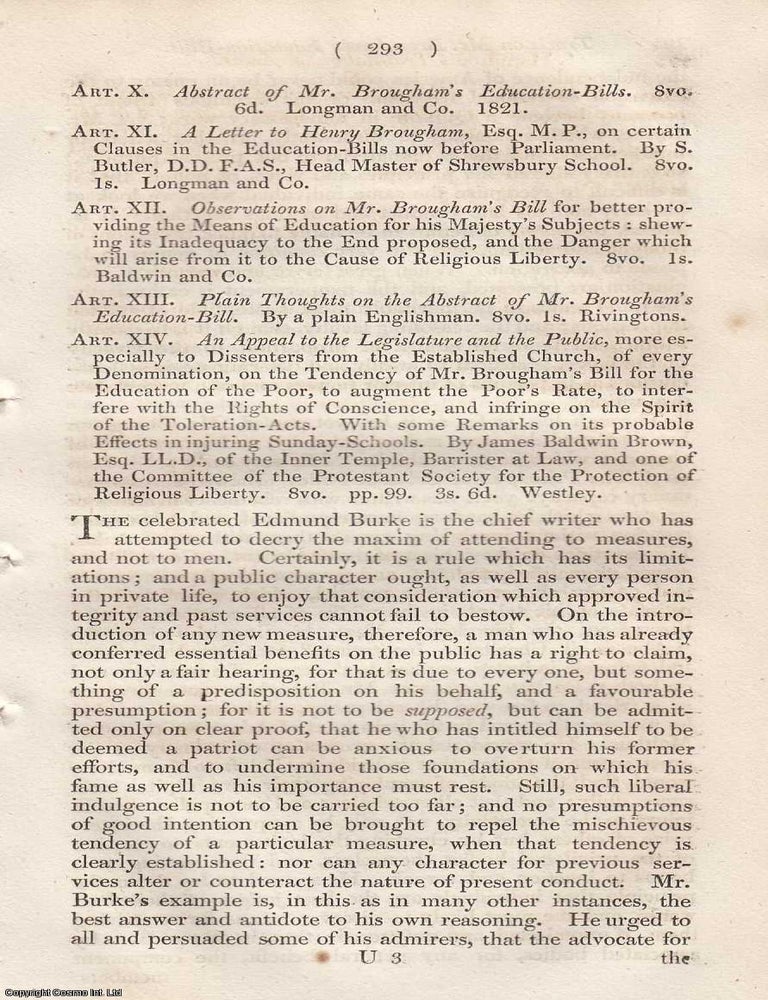 Item #362645 Review: Abstract of Mr Brougham's Education Bills (1821). An article printed in 1821, written by an Unnamed Author for the Monthly Review : 16 pages. ABSTRACT OF MR BROUGHAM'S EDUCATION BILLS 1821.