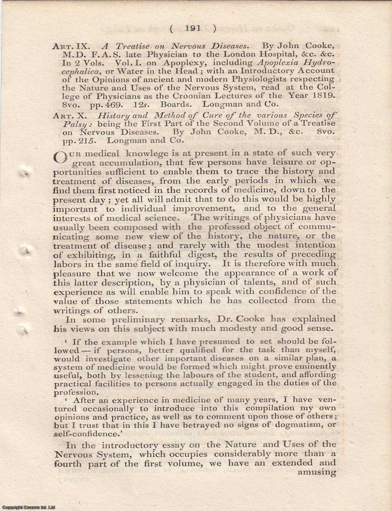 Item #362653 Review: John Cooke's Treatise on Nervous Diseases. An article printed in 1823, written by an Unnamed Author for the Monthly Review : 7 pages. JOHN COOKE'S TREATISE ON NERVOUS DISEASES 1823.