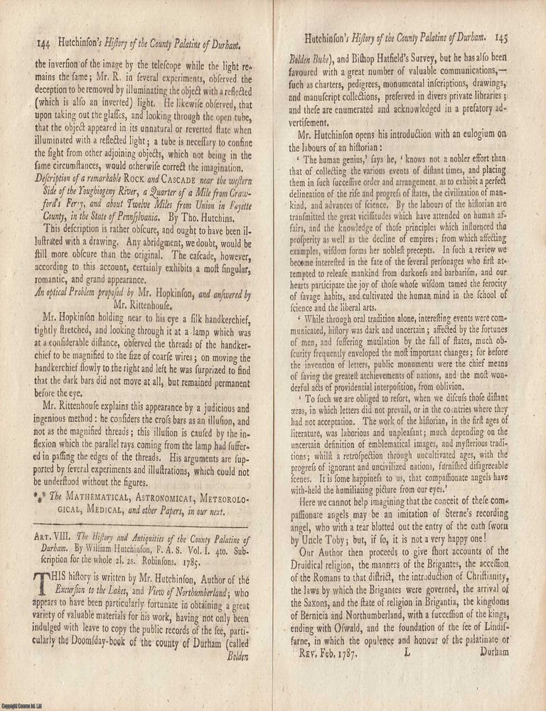 Item #362665 Review: William Hutchinson's History and Antiquities of the County Palatine of Durham. An article printed in 1787, written by an Unnamed Author for the Monthly Review : 4 pages. WILLIAM HUTCHINSON'S HISTORY OF DURHAM 1787.