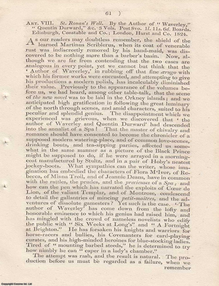 Item #362669 Review: St Roman's Well (1824). An article printed in 1824, written by an Unnamed Author for the Monthly Review : 15 pages. ST ROMAN'S WELL 1824.