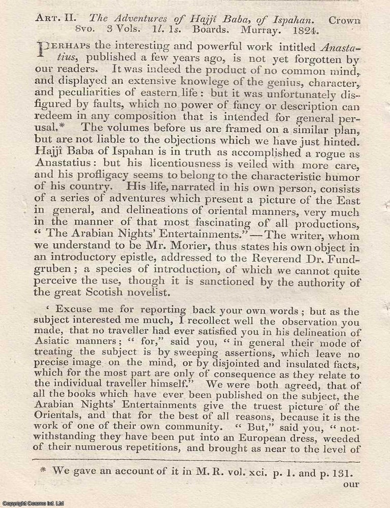 Item #362674 Review: The Adventures of Hajji Baba of Ispahan (1824). An article printed in 1824, written by an Unnamed Author for the Monthly Review : 14 pages. THE ADVENTURES OF HAJJI BABA OF ISPAHAN 1824.