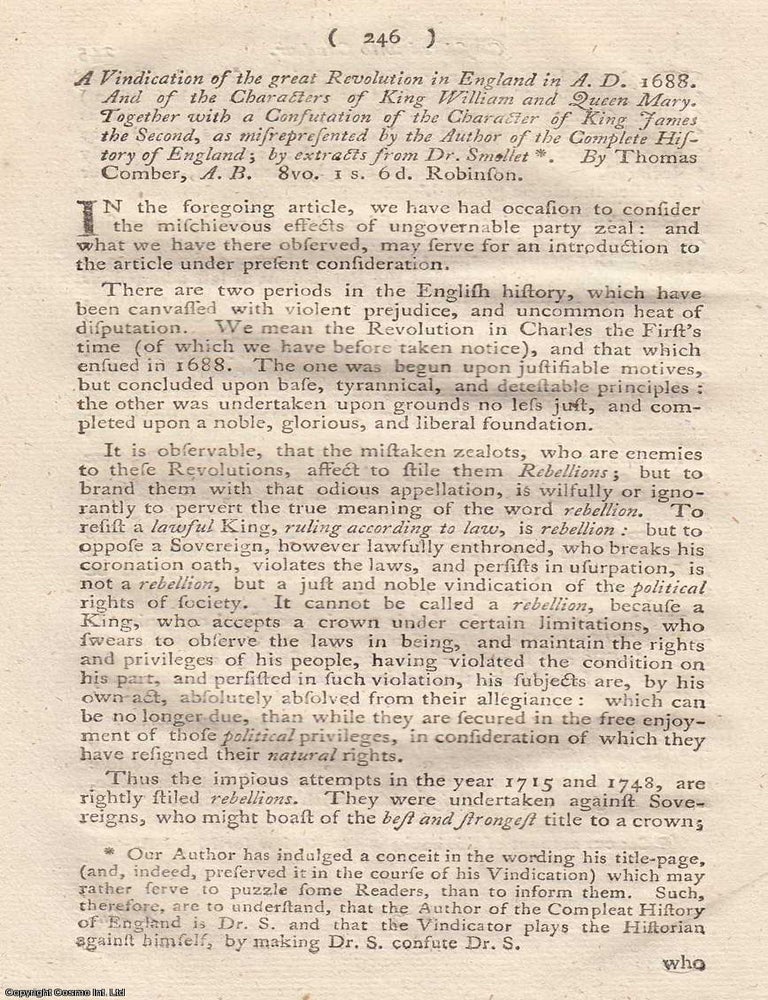Item #362676 Review: A Vindication of the Revolution of 1688. An article printed in 1758, written...