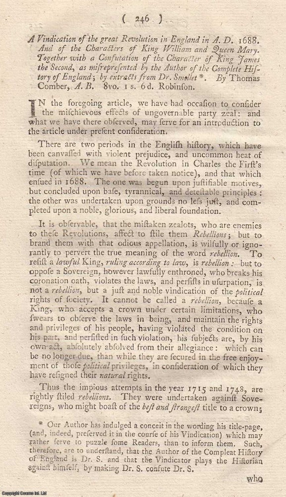 Item #362676 Review: A Vindication of the Revolution of 1688. An article printed in 1758, written...