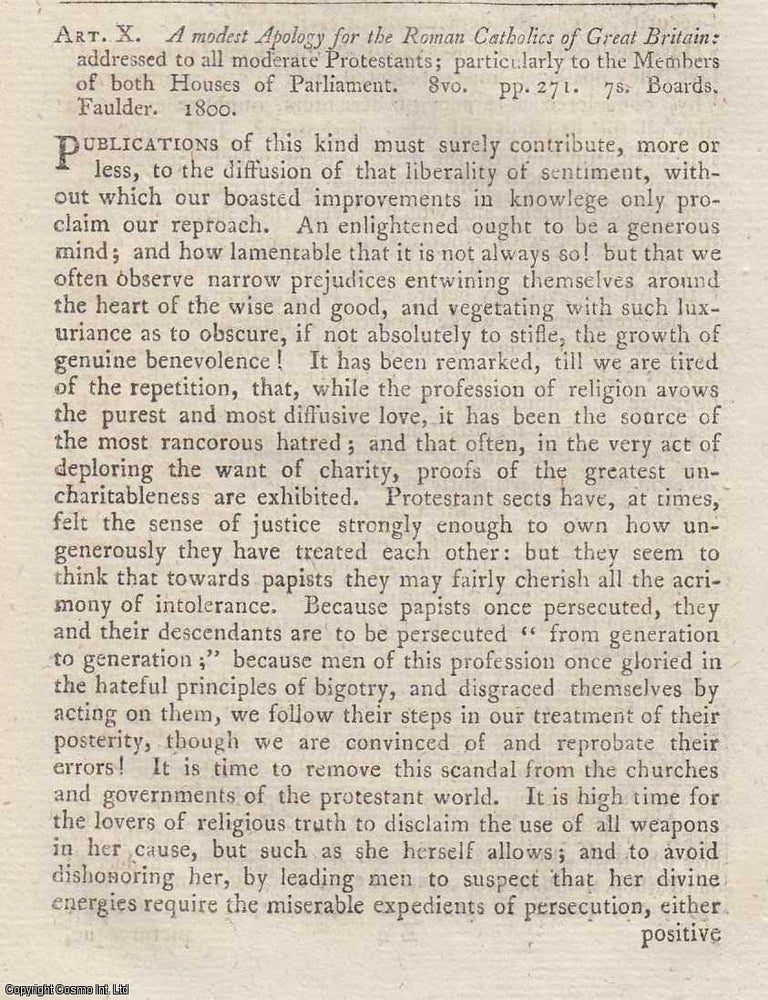 Item #362681 Review: A Modest Apology for the Roman Catholics of Great Britain (1800). An article...