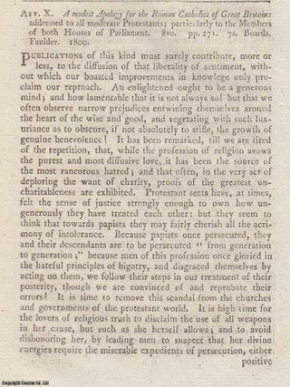 Review: A Modest Apology for the Roman Catholics of Great Britain (1800). An article printed in. A MODEST APOLOGY FOR THE.