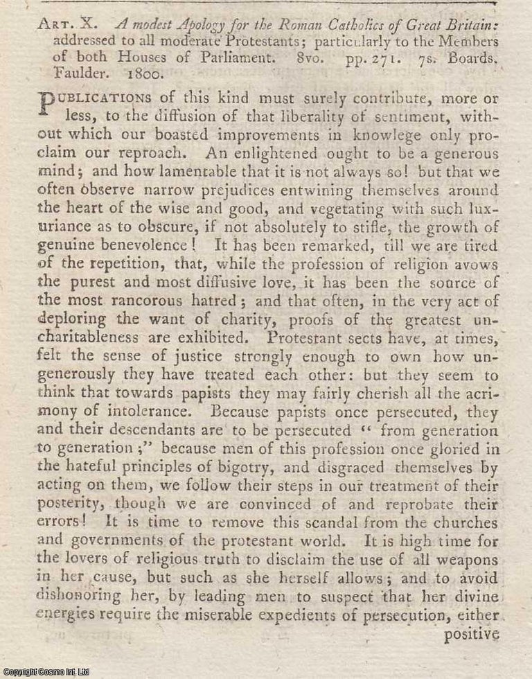 Item #362681 Review: A Modest Apology for the Roman Catholics of Great Britain (1800). An article...