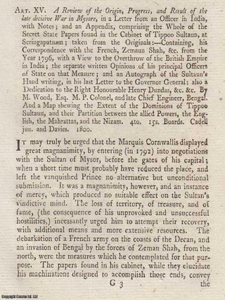 Review: Review of a Letter on the Late War in Mysore (1800). An article printed in 1800, written. REVIEW OF A. LETTER ON.