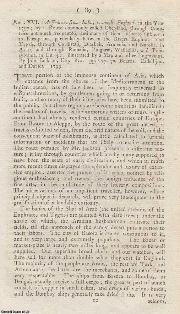 Item #362683 Review: A Journey from India Toward England, by the Over Land Route (1797). An...