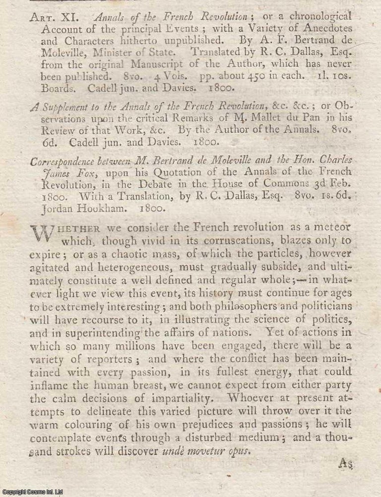 Item #362685 Review: Bertrand de Moleville's Annals of the French Revolution. An article printed in 1800, written by an Unnamed Author for the Monthly Review : 12 pages. DE MOLEVILLE'S ANNALS OF THE FRENCH REVOLUTION 1800.
