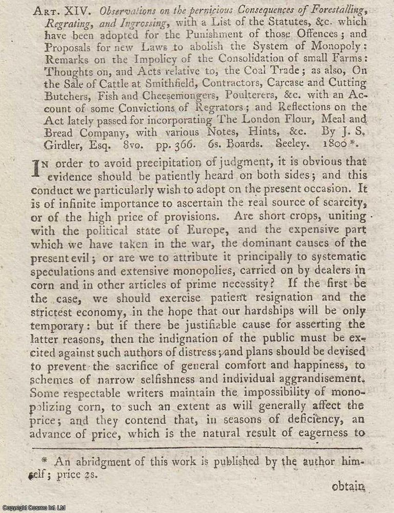 Item #362691 Review: J. S. Girdler on Forestalling, Regrating and Engrossing. An article printed in 1800, written by Christopher Lake Moody : 6 pages. REGRATING AND ENGROSSING 1800 J. S. GIRDLER ON FORESTALLING.