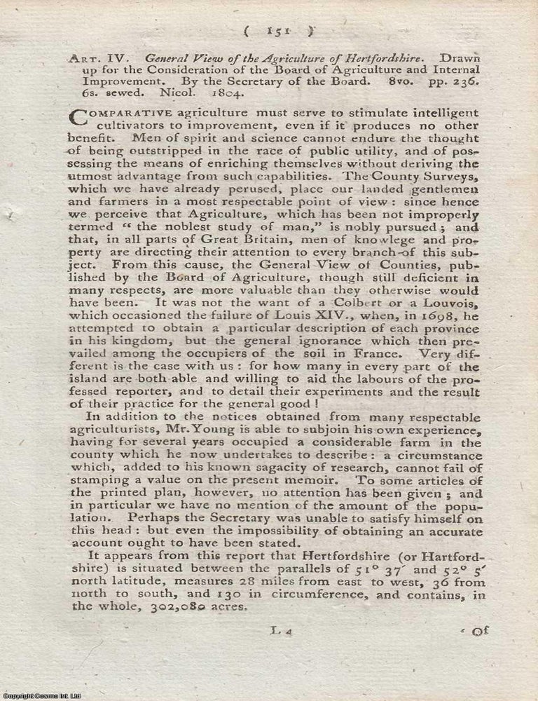 Item #362697 Review: General View of the Agriculture of Hertfordshire. An article printed in...