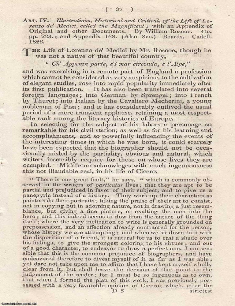 Item #362716 Review: William Roscoe's Illustrations of the Life of Lorenzo de' Medici. An article printed in 1822, written by an Unnamed Author for the Monthly Review : 10 pages. WILLIAM ROSCOE'S LIFE OF LORENZO DE' MEDICI 1822.