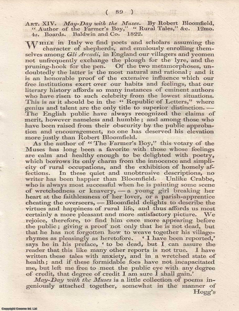 Item #362718 Review: Robert Bloomfield's May Day with the Muses (1822). An article printed in 1822, written by an Unnamed Author for the Monthly Review : 6 pages. ROBERT BLOOMFIELD'S MAYDAY WITH THE MUSES 1822.