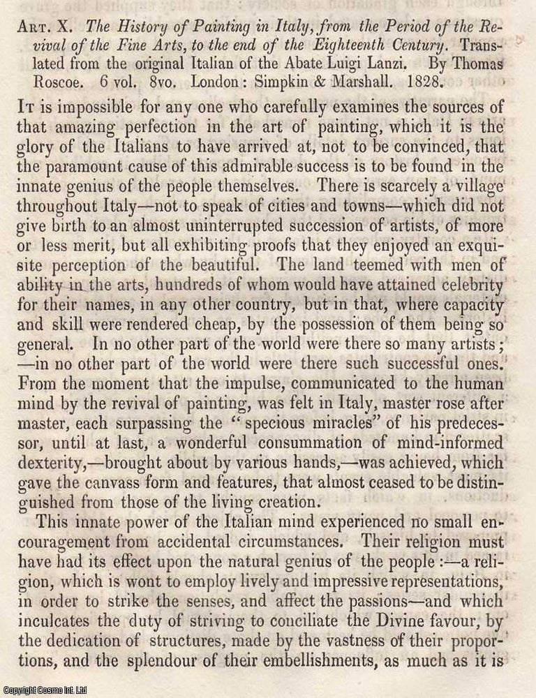 Item #362725 Review: Thomas Roscoe's History of Painting in Italy. An article printed in 1828, written by an Unnamed Author for the Monthly Review : 14 pages. THOMAS ROSCOE'S HISTORY OF PAINTING IN ITALY 1828.