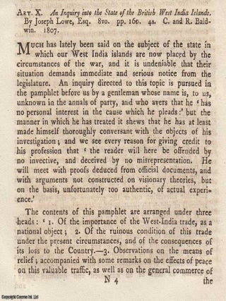 Review: Joseph Lowe's Inquiry into the State of the British West India Islands. An article. JOSEPH LOWE'S INQUIRY INTO THE.