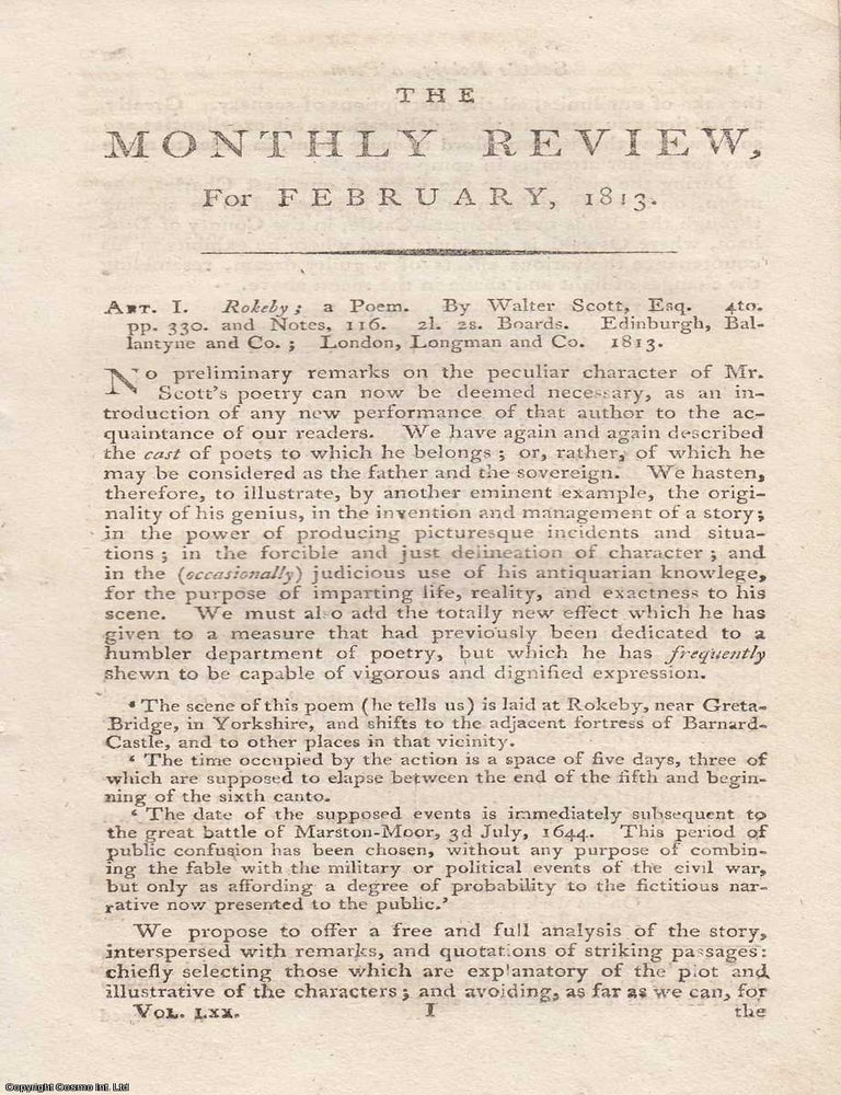 Item #362745 Review: Walter Scott's Rokeby (1813). An article printed in 1813, written by an Unnamed Author for the Monthly Review : 36 pages. WALTER SCOTT'S ROKEBY 1813.