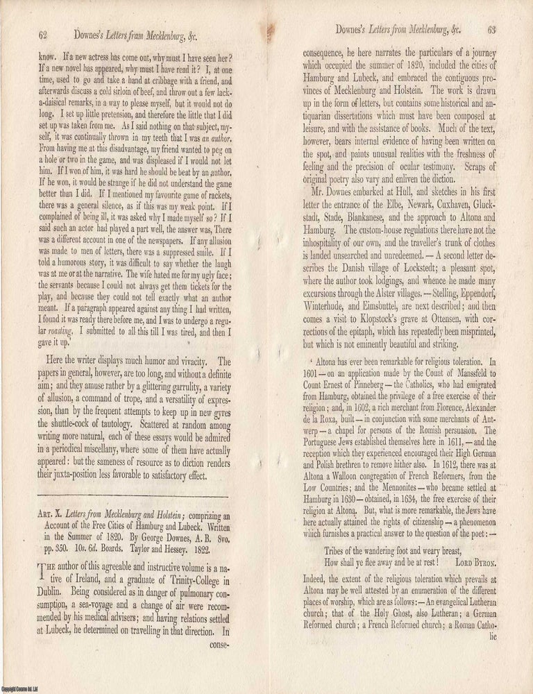 Item #362765 Review: George Downes's Letters from Mecklenburg and Holstein (1822). An article printed in 1823, written by an Unnamed Author for the Monthly Review : 6 pages. GEORGE DOWNES'S LETTERS FROM MECKLENBURG AND HOLSTEIN 1822.