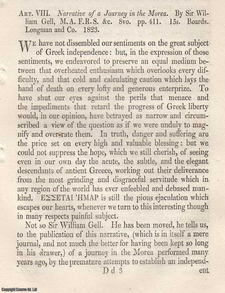 Item #362772 Review: Sir William Gell's Narrative of a Journey in the Morea (1823). An article printed in 1823, written by an Unnamed Author for the Monthly Review : 11 pages. SIR WILLIAM GELL'S JOURNEY IN THE MOREA 1823.
