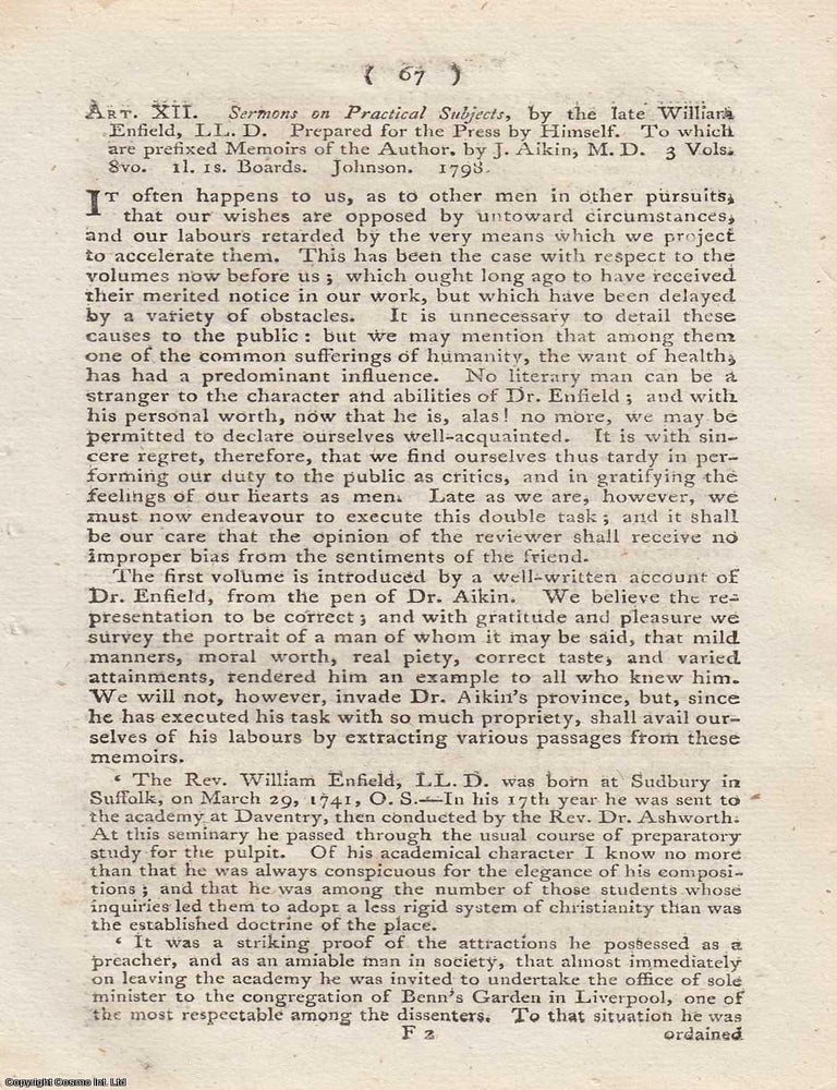 Item #362785 Review: William Enfield's Sermons on Practical Subjects. An article printed in 1800, written by an Unnamed Author for the Monthly Review : 9 pages. WILLIAM ENFIELD'S SERMONS ON PRACTICAL SUBJECTS 1800.