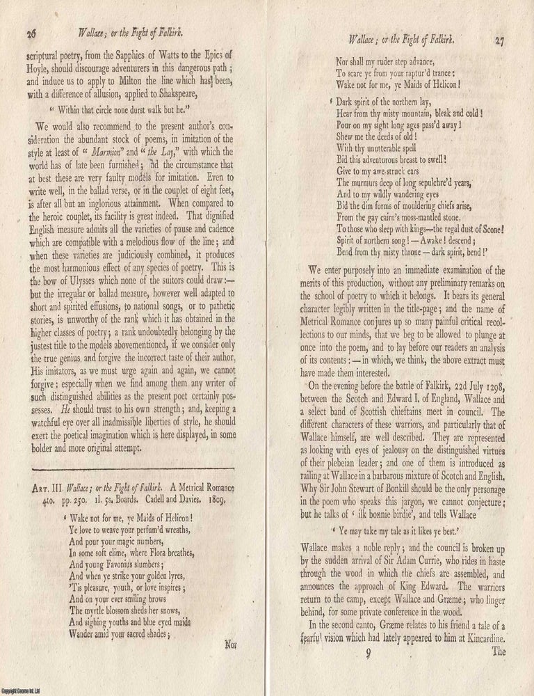 Item #362790 Review: Wallace; or, The Fight of Falkirk: A Metrical Romance (1809). An article printed in 1810, written by an Unnamed Author for the Monthly Review : 14 pages. WALLACE, THE FIGHT OF FALKIRK 1809 OR.