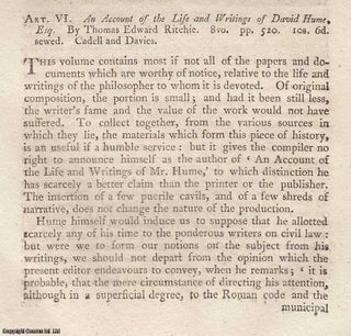 Item #362791 An Account of The Life and Writings of David Hume, Esq. By Thomas Edward Ritchie. An...
