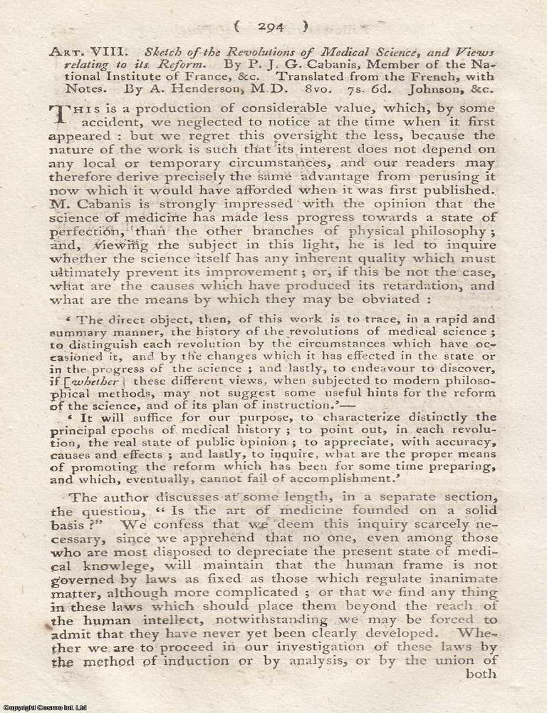 Item #362798 Review: P. J. G. Cabanis's Sketch of the Revolutions of Medical Science (1810). An article printed in 1810, written by an Unnamed Author for the Monthly Review : 4 pages. CABANIS'S SKETCH OF THE REVOLUTIONS OF MEDICAL SCIENCE 1810.