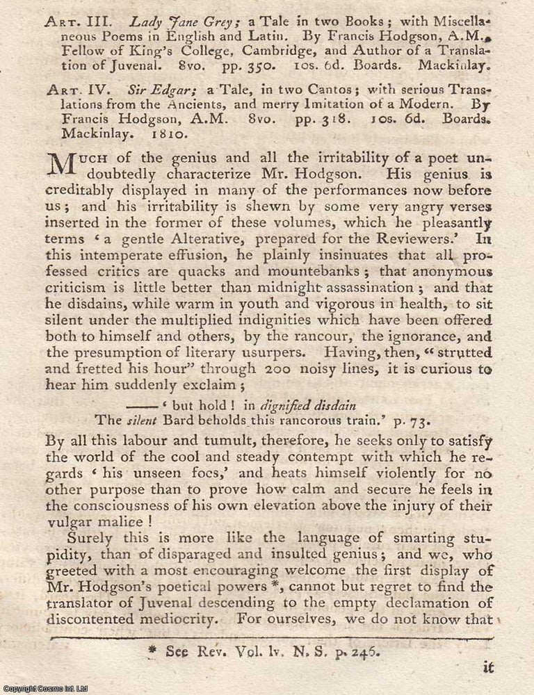 Item #362800 Review: Francis Hodgson's Lady Jane Grey; a Tale in Two Books (1810). An article printed in 1810, written by an Unnamed Author for the Monthly Review : 12 pages. FRANCIS HODGSON'S LADY JANE GREY 1810.